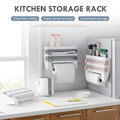 Goglor Wall-Mounted Paper Towel Holder with Shelf Adhesive Wall Mount 4-in-1 Plastic Wrap and Foil Dispenser with Spice Rack Cling Film Holder for Kitchen Shower Bathroom Organizer Storage - Thumbnail 2