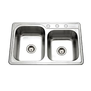 Houzer ISL-3322BS3-1 Glowtone Series Topmount Stainless Steel 3-hole 60/40 Double Bowl Kitchen Sink