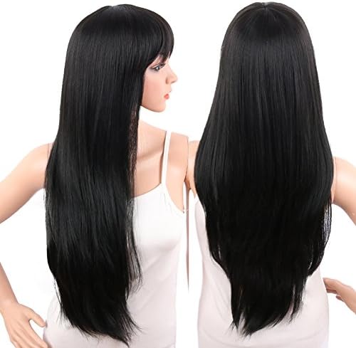 KRSI Long Straight Wigs for Women Fluffy Lolita Cosplay Costume Black Party Non-Lace Full Wigs With Flat Bangs+Free Wig Cap (Straight 2)