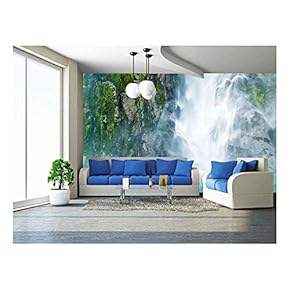 Waterfall with Fluffy Stream Fall on The Sea, Milford Sound, Southern Island, New Zealand - Removable Wall Mural | Self-Adhesive Large Wallpaper - 66x96 inches