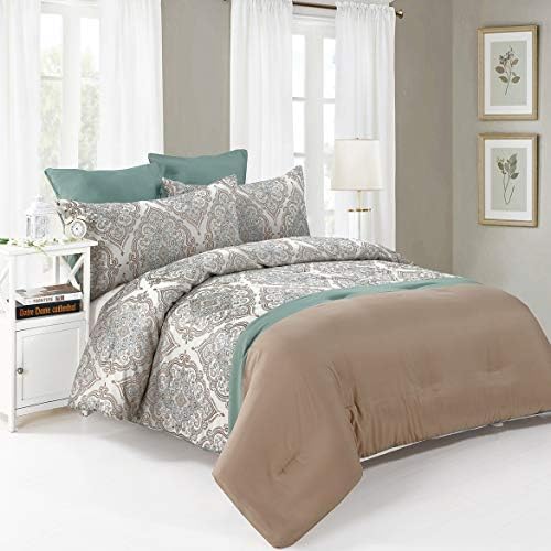 Como Design Comforter Set King 6 pieces Jacquard with microfiber 1 Comforter 2 Euro Shams 2 Jacquard Shams 1 bedskirt Blue/brown