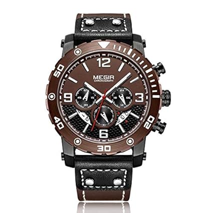 Gmarks Megir Elegant Design Analog Chronograph Sports Series Genuine Leather Strap Watch -2084