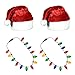 Ugly Sweater Christmas Party Kit - (2) Pack Plush Santa Hats + (2) Pack LED Christmas Necklace (Red Santa Hat + Necklace)