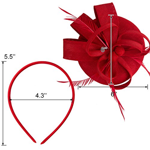 Acecharming Fascinators for Women, Feather Sinamay Fascinators with Headbands Tea Party Pillbox Hat Flower Derby Hats(Red-03)