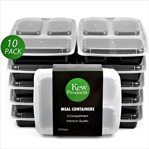 Kew Products- Food Prep Containers, 3 Compartment, FDA Approved, BPA Free, Reusable, Microwave & Dishwasher Safe Meal Prep Containers with lids, Best for Food Prepping and Portion Control, 10 Pack