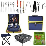 Barbecue Grilling Set With 22 Pieces Including Grill Tools, Stainless Steel Flatware, Bowls, Grill And Chair - All Portable For Camping, Picnic, RV, With Carrying Case (Navy Blue)