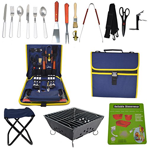 Barbecue Grilling Set with 22 Pieces including Grill Tools, Stainless Steel Flatware, Bowls, Grill and Chair - all Portable for Camping, Picnic, RV, with Carrying Case (Navy Blue)