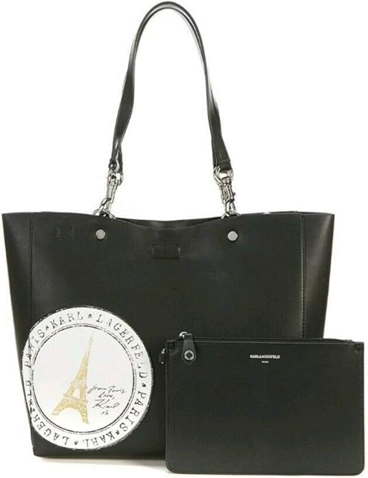 Karl Lagerfeld Adele Paris Stamp Black Leather Medium Tote Handbag Plus