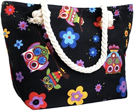 Canvas Tote Bag - Canvas Shoulder Bag, Perfect for School, Work, or the Beach. Large Compartment -17 x 12 in, Owls Theme (BLACK)