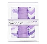 Bamboo Muslin Swaddle Blankets - 3 Pack - Purple Feather Chevron - Softest Muslin Swaddles by Cozy Babe