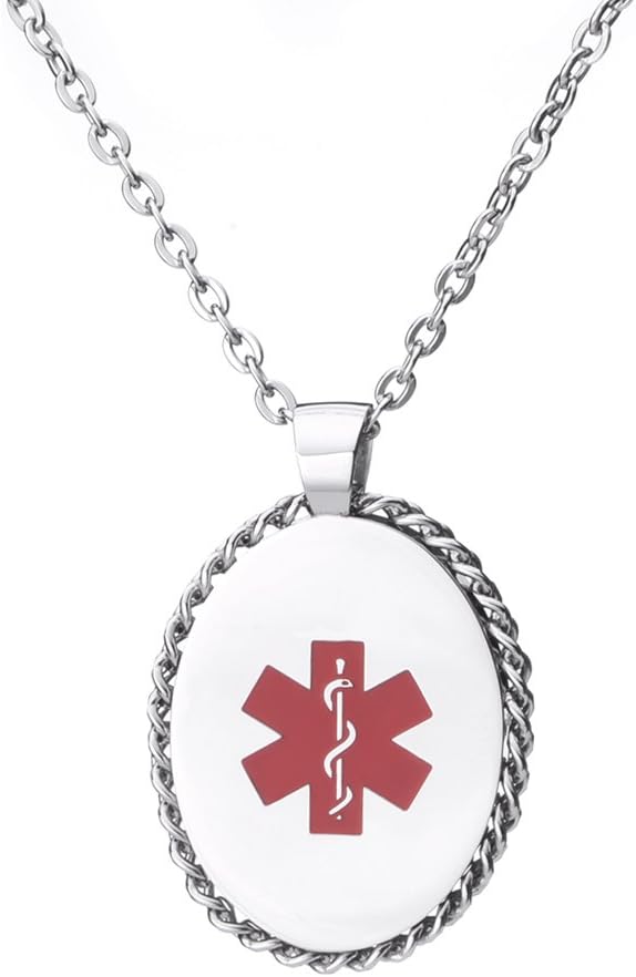 LinnaLove Free Engraving Oval Medical ID Alert Necklace for Women, with Free Wallet Medical ID Card