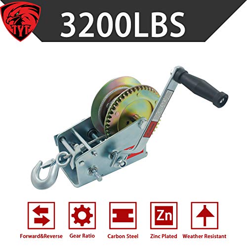 TYT 3200lbs Hand Winch Crank Gear Winch, Heavy Duty Boat Trailer Winch with10M (33ft) Steel Wire Cable and Hook Manual Winch for Trailer Boat or ATV UTV - Image 8