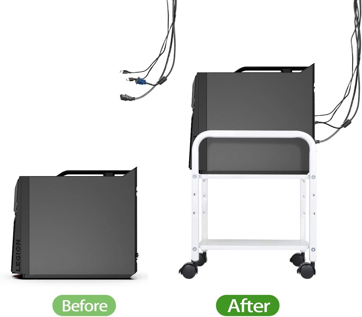 Computer Tower Stand, Desktop ATX-Case CPU Holder, 2-Tier Adjustable Steel Rolling Stand for ATX-Case Under 8.6" Wide, Mobile Tower Case Stand Cart with Locking Caster Wheels for Office Home, White: Office Products