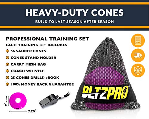 Bltzpro Disc Training Cones (Set of 56) - Agility Soccer/Football Cones with Carrying Bag and Holder. Ideal for Fitness Drill, Workout Speed Practice, Youth Kids Sports, Exercise for All Team Sports.