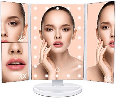 MLoveBiTi LED Makeup Mirror Foldable Tabletop Mirror with Touch Screen, Trifold 1X 2X 3X Magnifying, 180 Degree Rotation for Home Women Girls Beauty