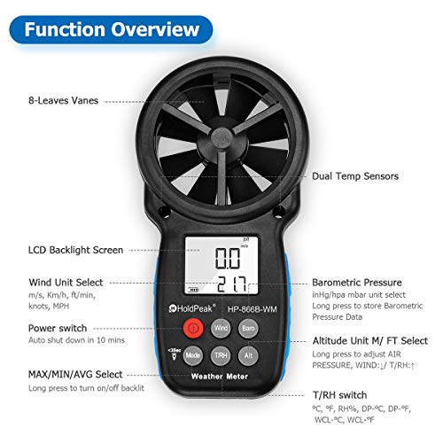 HOLDPEAK 866B-WM Digital Anemometer Handheld Wind Speed Meter with Altitude and hpa measurement, for Measuring Wind Speed, Temperature (℃/℉),Dew point and Wind Chill with Backlight and Humidity Tester