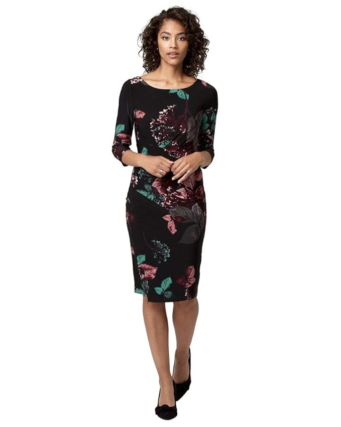 Buy LE CHÂTEAU Floral Print Knit Crew Neck Sheath Dress,S,Black/Multi