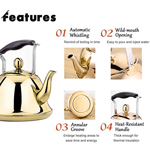 Gold Whistling Tea Kettle Stainless Steel Stovetop Teakettle Sturdy Teapot for Tea Coffee Fast Boiling with Infuser Color Gold Mirror Finish 2 Liter / 2.1 Quart (Gold)