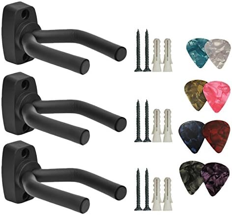 3 Pack Guitar Hanger Hook Holder Wall Mount Display Acoustic Guitar Stand Ukulele Bass Mandolin Banjo Wall Mounts Hangers Black with 8pcs picks