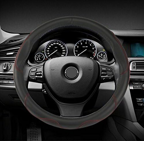 Gomass Car Steering Wheel Covers Universal 15 inch - Genuine Leather, Breathable, Anti Slip & Odor Free (Middle Size, black with red line)