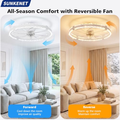 SUNKENET Ceiling Fans with Lights and Remote, 60cm LED Fan Ceiling Light, 3000K-6500K Dimmable Smart Ceiling Fan Light, 6 Wind Speeds & Reversible, White Queit Fan Light Ceiling for Bedroom