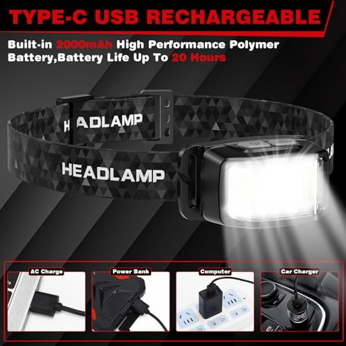 Aaizplz 2 x LED Headlamp, Rechargeable Headlamp, Waterproof, 2000 Lumens, 16 Lighting Modes (Individual Control), with Smart Sensor, for Running, Hiking