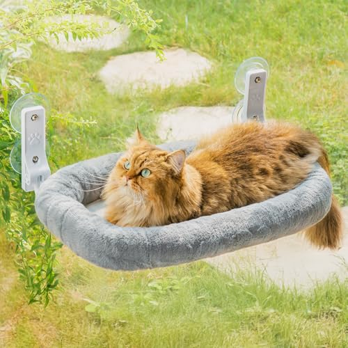 EDAGNY Cat Bed Window Plush, Cat Bed Folding Window for Indoor Cats, with Removable Thick Cover, Hammock Window Cat Supports up to 40 lbs (Grey, M)