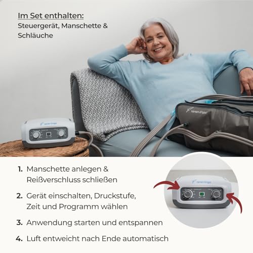 Venen Engel® 4 sliding wave massage device with abdominal and leg cuffs, 4 air chambers, pressure and time easily adjustable.
