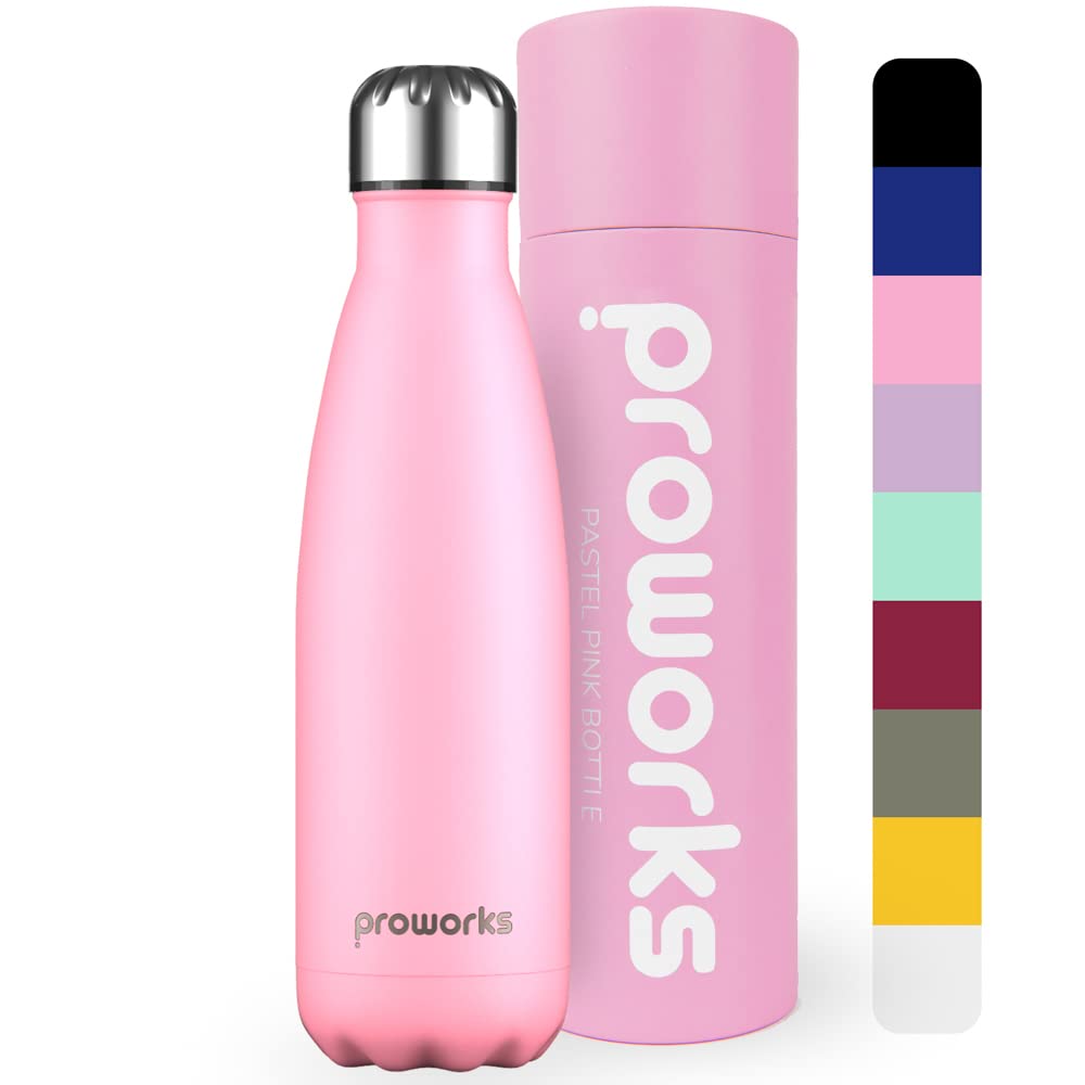 Proworks Performance Stainless Steel Sports Water Bottle | Double Insulated Vacuum Flask for 12 Hours Hot & 24 Hours Cold Drinks - For Home, Work, Gym & Travel - 1 Litre - BPA Free – Pastel Pink