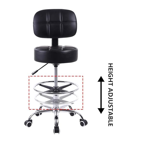 KKTONER SWIVEL ROUND ROLLING STOOL PU LEATHER WITH ADJUSTABLE FOOT REST HEIGHT ADJUSTABLE TASK WORK DRAFTING CHAIR WITH BACK (BLACK)
