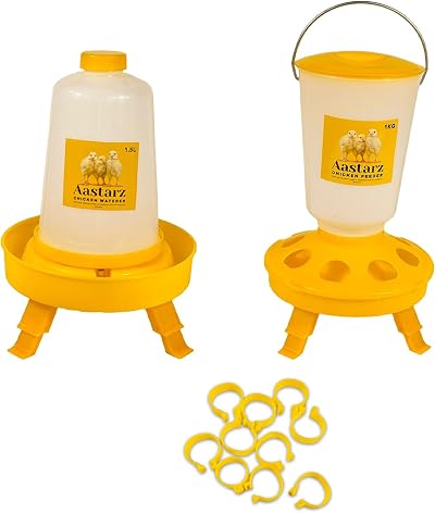 Aastarz Chicken Feeder Waterer Set Adjustable Legs 1kg 1.5L Yellow Rain Proof
