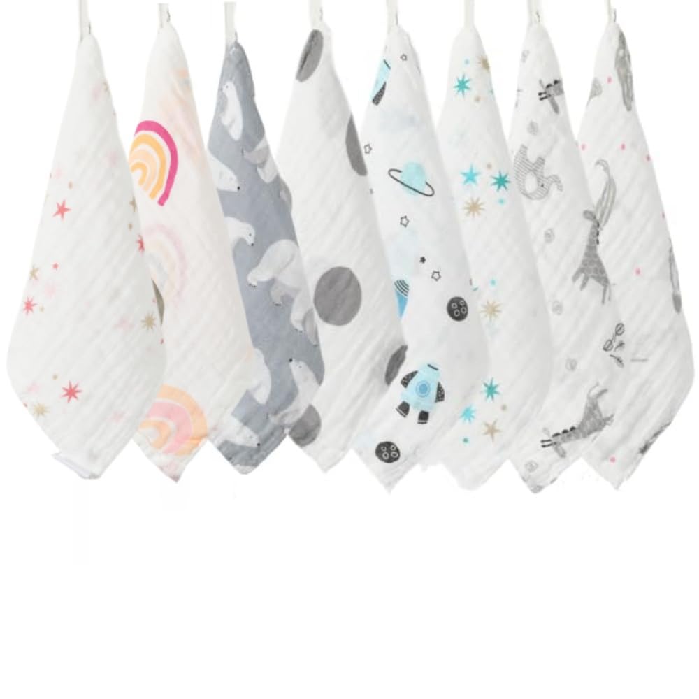 Baby Washcloths Muslin Cloths - Muslin Squares hanky Ultra Soft Newborn Face Towels 8Pack Bamboo Cotton 10"X10" 4Layers Reusable Baby Wash Cloths for Boys Girls (Send 5 kinds of patterns randomly)