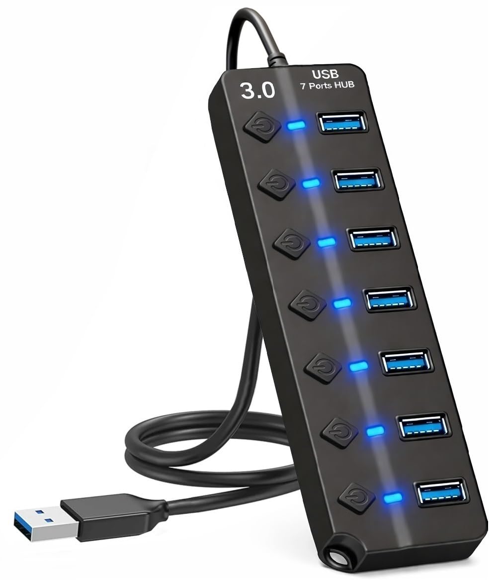 7-Port USB Hub 3.0 – Multi USB Port Hub with Individual Switches and Lights – USB Multiport Adapter Splitter – High-Speed USB Hub Extender for PC, Laptop, Macbook, Flash Drives, Mobile HDD