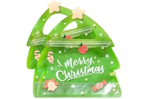 ESUOHYM Christmas Treat Bags For Kids Clear Tree Shaped Ziplock Reusable Goodie Bag Xmas Sealable Bags With Handle For Candy, Cookie, Snack, Party Supplies 10 PCS