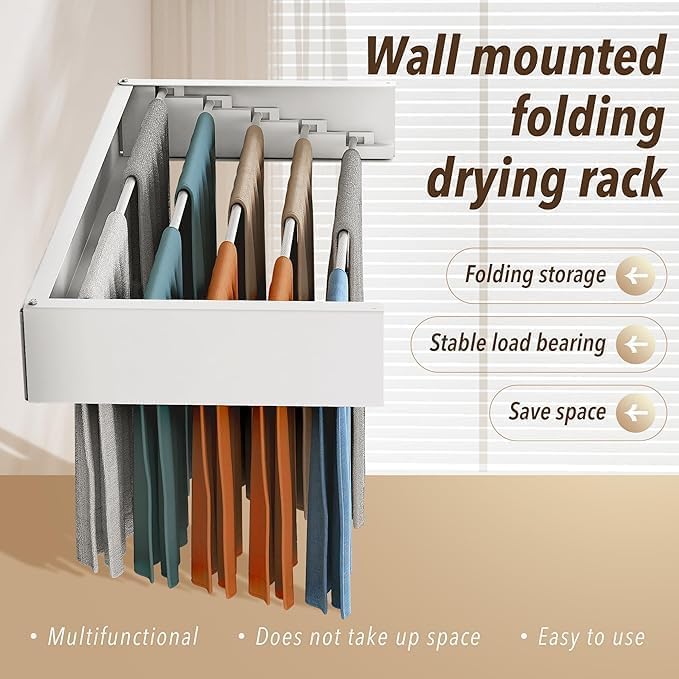 Wall Mounted Drying Rack, Laundry Clothes Drying Racks Foldable, Collapsible Drying Rack Clothing Wall Mount, Wall Template for Indoor Outdoor Hanging Clothes, 5 Rods, 31.5 Inch