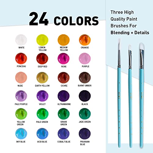 HIMI Gouache Paints set with 3 Paint Brushes, 24 Colors, 30g, Jelly Cup Design, Non Toxic Paint for Canvas and Paper, Art Supplies for Professionals (Ice Blue Case)