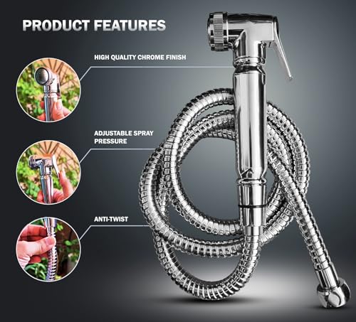 Aishini Handheld Toilet Bidet Sprayer - Shattaf Set, Jet Spray with Easy Installation, Muslim Shower for Feminine wash, Baby Cloth Diaper, Personal Hygiene, 120cm Stainless Steel Hose Pipe, Chrome