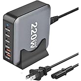 220W USB C Charger Block GaN III USB Desktop Charging Station 6 Ports QC4.0 Fast Charging Station Hub+PD 100W Type C Laptop Charger Adapter Compatible with MacBook Pro Laptop Tablet and Phone