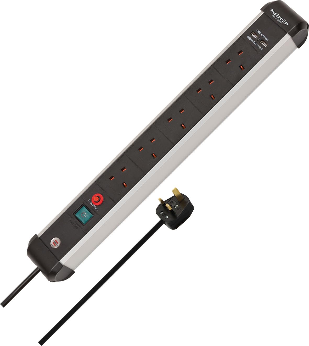Brennenstuhl Premium-Alu-Line FB, 5-way extension lead with 2 USB charging ports (with switch, 3m cable and aluminium housing, with Safety Fuse Button, Made in Germany) black