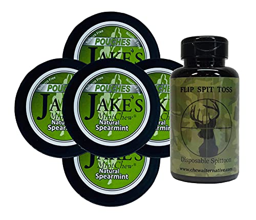 Jake's Mint Chew Spearmint Pouch - 5 Cans - Includes Mud Bud Disposable Spittoon (Deer Hunter MB)