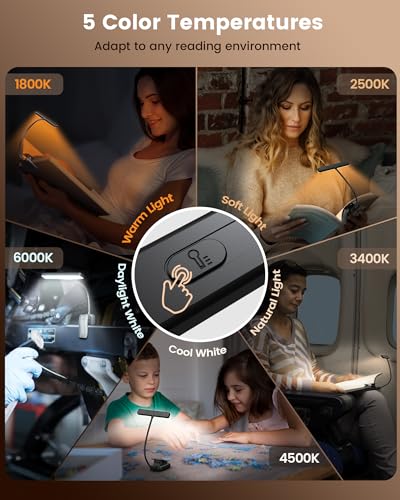 Glocusent Leselampe Buch Klemme 26 LEDs, Buchlampe mit 5 Farbtemperatur & Stufenlose Helligkeit, USB-C Wiederaufladbare Klemmlampe, Lange Laufzeit, 360° Flexibel Klemmleuchte für Nachtlesen ins Bett