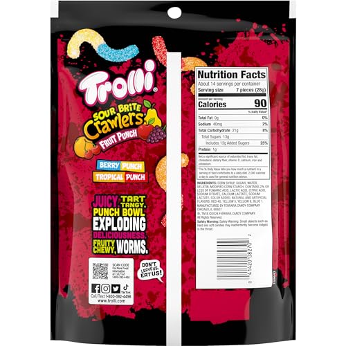 TROLLI SOUR BRITE CRAWLERS CANDY, FRUIT PUNCH FLAVORED SOUR GUMMY WORMS, 14 OUNCE