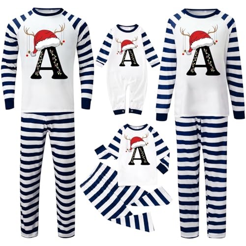 Family Christmas Pyjamas Set Stripe Letter Print Crew Neck Homewear Long Sleeve Thin Fleece Xmas Pjs Sets Relaxed-Fit Lightweight Matching Pyjamas Funny Loungewear Comfort Nightwear