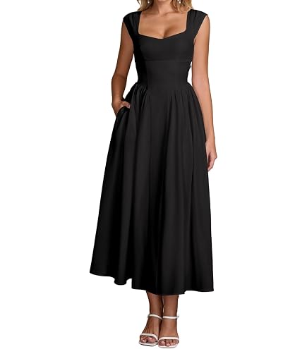 Auraxe Corset Midi Square Neck Wedding Guest Dresses for Women with Pockets