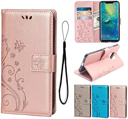 suprwolf Wallet Case for Huawei Mate 20 Pro，Premium PU Leather Flip Kickstand Cover Butterfly Flowers with Card Holders and Wrist Strap Magnetic Closure Stand Case for Huawei Mate 20 Pro-Rose Gold