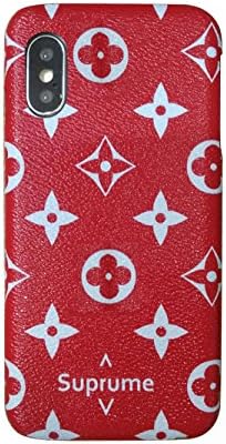 For apple iphone X 10 Luxury Famous Deluxe Monogram Flowers Grid Leather hard back Skin Case Cover S (Flowers Red Max)