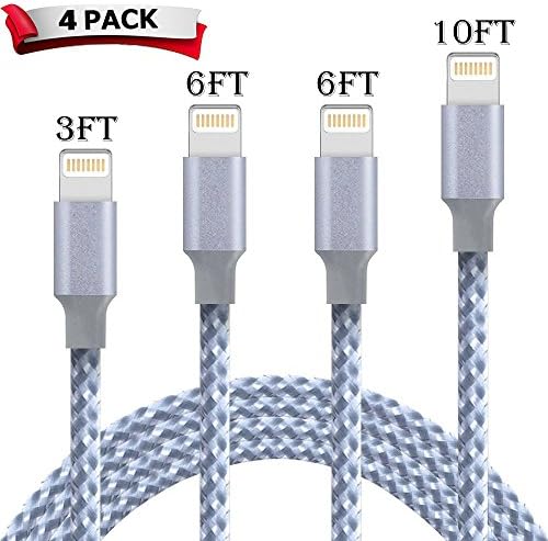Pakkey iPhone Charger, [4Pack 3FT 6FT 6FT 10FT] Nylon Braided 8 Pin iPhone Lightning Cable to USB Charger Compatible with iPhone X/8/8 Plus/7/7 Plus/6s/6s Plus/6/6 Plus/5/5S/5C/SE/iPad (Gray - White)