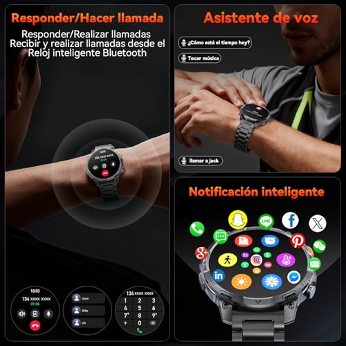 Haulvean Militares Reloj Inteligente Hombre, 1000 mAh Smartwatch, Dos Correas, Pantalla HD 1,75", Linterna LED, 100＋Modos Deportivos, Salud Monitorizada, Llamadas Bluetooth para iOS Android (Negro)