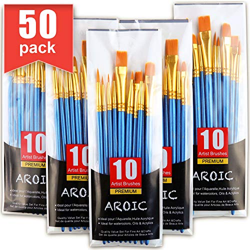 AROIC Paintbrushes Set, 5 Packs / 50 pcs Nylon Hair Brushes for All Purpose Oil Watercolor Painting Artist Professional Kits, 50 Pack