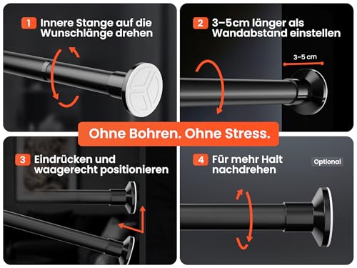 MEISENBERG Clamping Rod for Curtains, Matt Black, Diameter 25 mm, Curtain Rod No Drilling, Telescopic Curtain Rod for Clamping Windows, Shower and Partition Wall (70-120 cm)